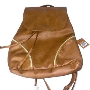 NWT Ulta Tan Faux Leather Drawstring Backpack Purse Gold Zipper New